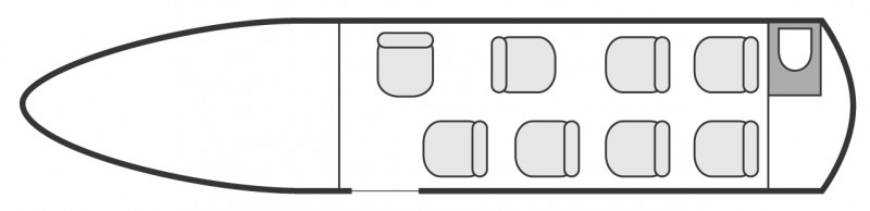 Interior layout plan of Cessna Citation VII, short &amp; Medium range Business Jets Charters, mid size, stand-up cabin aircraft, max. of passengers: 9, with crew: 2 pilots, available for private business jets charter with a Business Jet.