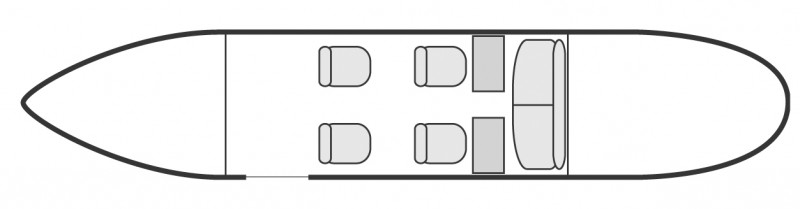 Interior layout plan of Dassault Falcon 10, short &amp; Medium range Business Jets Charters, light size cabin aircraft, max. of passengers: 6, with crew: 2 pilots, available for private business jets charter with a Air Taxi.