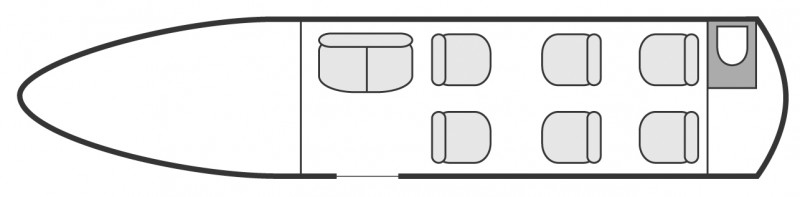 Interior layout plan of Embraer Legacy 450, short &amp; Medium range Business Jets Charters, mid size, stand-up cabin aircraft, max. of passengers: 8, with crew: 2 pilots, available for private business jets charter with a Business Aircraft.