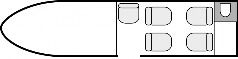 Interior layout plan of Embraer Phenom 100, short &amp; Medium range Business Jets Charters, light size cabin aircraft, max. of passengers: 6, with crew: 2 pilots, available for private business jets charter with a Air Taxi.