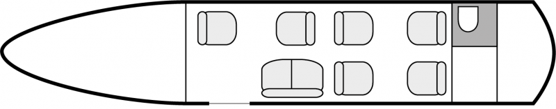 Interior layout plan of Gulfstream 150, short &amp; Medium range Business Jets Charters, mid size, stand-up cabin aircraft, max. of passengers: 8, with crew: 2 pilots, 1 flight attendant, available for private business jets charter with a Business Jet.
