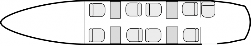 Interior layout plan of Beechcraft King Air 350, short range Business Aircraft Charters, light size cabin aircraft, max. of passengers: 9, with crew: 2 pilots, available for private business jets charter with a Business Aircraft.