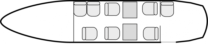 Interior layout plan of Beechcraft Super King Air 200, short range Business Aircraft Charters, light size cabin aircraft, max. of passengers: 9, with crew: 2 pilots, available for private business jets charter with a Air Taxi.