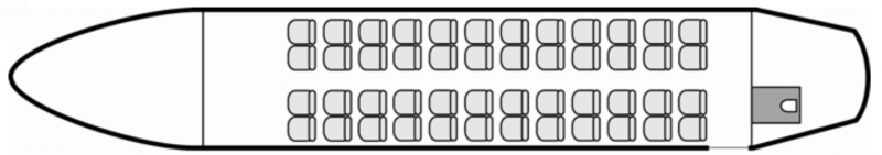 Interior layout plan of Bombardier Dash 8-300, short range Business Aircraft Charters, commercial airliner cabin seating, max. of passengers: 50, with crew: 2 pilots, 1 flight attendant, available for private business jets charter with a Airliner.
