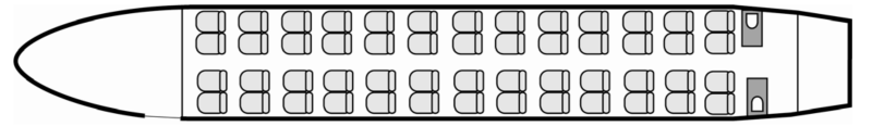 Interior layout plan of Fokker 100 VIP, short &amp; Medium range Business Jets Charters, wide body cabin aircraft, V.I.P. accommodation, max. of passengers: 52, with crew: Two pilots, three flight attendants, available for private business jets charter with a Business Aircraft.