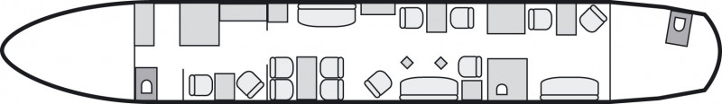 Interior layout plan of Airbus A318 Elite, long range Business Jets Charters, wide body cabin aircraft, V.I.P. accomodation, max. of passengers: 19, with crew: 2 pilots, 3 flight attendants, available for private business jets charter with a Private Jet.