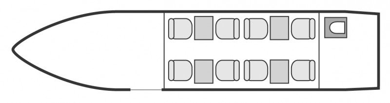 Interior layout plan of Cessna Citation X, long range Business Jets Charters, mid size, stand-up cabin aircraft, max. of passengers: 8, with crew: 2 pilots, available for private business jets charter with a Private Jet.