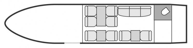 Interior layout plan of Bombardier Challenger 604, long range Business Jets Charters, large cabin executive aircraft - V.I.P. accomodation, max. of passengers: 18, with crew: 2 pilots, 1 flight attendant, available for private business jets charter with a Private Jet.