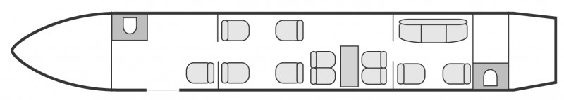 Interior layout plan of Bombardier Global Express, long range Business Jets Charters, large cabin executive aircraft - V.I.P. accomodation, max. of passengers: 14, with crew: 2 pilots, 1 or 2 flight attendants, available for private business jets charter with a Private Jet.