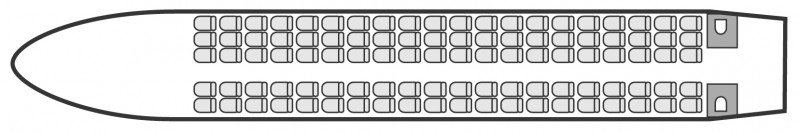 Interior layout plan of Fokker 100, airliners Charters, commercial airliner cabin seating, max. of passengers: 100, with crew: 2 pilots, 2 or 3 flight attendants, available for private business jets charter with a Airliner.