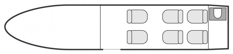 Interior layout plan of Beechcraft Premier I, short &amp; Medium range Business Jets Charters, light size cabin aircraft, max. of passengers: 6, with crew: 2 pilots, available for private business jets charter with a Air Taxi.