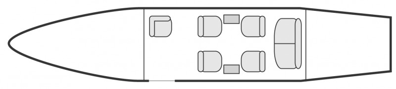 Interior layout plan of Bombardier LearJet 35, short & Medium range Business Jets Charters, light size cabin aircraft, max. of passengers: 7, with crew: 2 pilots, available for private business jets charter with a Air Taxi.