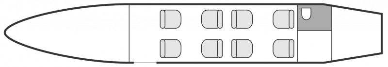 Interior layout plan of Bombardier LearJet 45, short &amp; Medium range Business Jets Charters, light size cabin aircraft, max. of passengers: 8, with crew: 2 pilots, available for private business jets charter with a Private Jet.