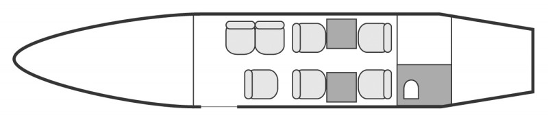 Interior layout plan of Bombardier LearJet 55, short &amp; Medium range Business Jets Charters, mid size, stand-up cabin aircraft, max. of passengers: 7, with crew: 2 pilots, available for private business jets charter with a Private Aircraft.