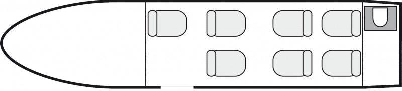 Interior layout plan of Embraer Phenom 300, short &amp; Medium range Business Jets Charters, light size cabin aircraft, max. of passengers: 8, with crew: 2 pilots, available for private business jets charter with a Private Jet.