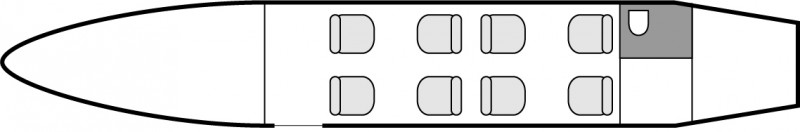 Interior layout plan of Bombardier LearJet 75, short &amp; Medium range Business Jets Charters, light size cabin aircraft, max. of passengers: 8, with crew: 2 pilots, available for private business jets charter with a Private Aircraft.