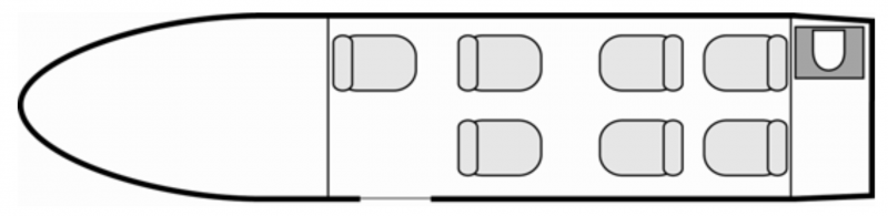 Interior layout plan of Cessna Citation II Bravo, short &amp; Medium range Business Jets Charters, light size cabin aircraft, max. of passengers: 8, with crew: 2 pilots, available for private business jets charter with a Air Taxi.