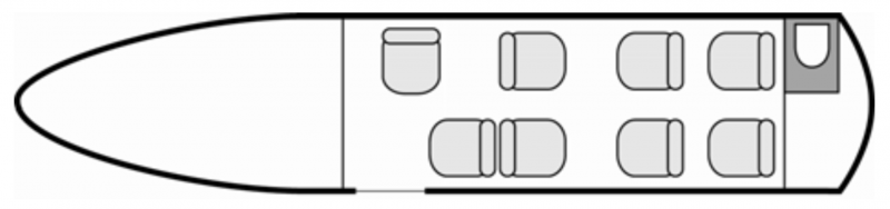 Interior layout plan of Cessna Citation III, short & Medium range Business Jets Charters, mid size, stand-up cabin aircraft, max. of passengers: 8, with crew: 2 pilots, available for private business jets charter with a Private Aircraft.