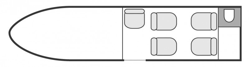 Interior layout plan of Cessna CitationJet CJ1, short &amp; Medium range Business Jets Charters, light size cabin aircraft, max. of passengers: 5, with crew: 2 pilots, available for private business jets charter with a Air Taxi.