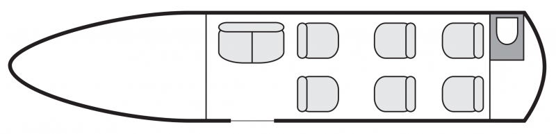 Interior layout plan of Cessna Citation Latitude, short &amp; Medium range Business Jets Charters, mid size, stand-up cabin aircraft, max. of passengers: 8, with crew: 2 pilots - (1 flight attendant on request), available for private business jets charter with a Private Jet.