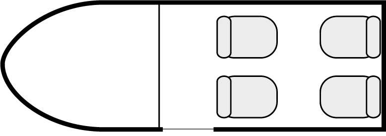 Interior layout plan of Cessna Citation Mustang, short &amp; Medium range Business Jets Charters, light size cabin aircraft, max. of passengers: 4, with crew: 2 pilots, available for private business jets charter with a Air Taxi.