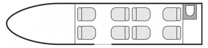 Interior layout plan of Cessna Citation V Ultra, short &amp; Medium range Business Jets Charters, light size cabin aircraft, max. of passengers: 8, with crew: 2 pilots, available for private business jets charter with a Air Taxi.