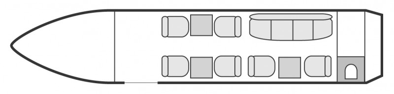 Interior layout plan of Dassault Falcon 20, short &amp; Medium range Business Jets Charters, mid size, stand-up cabin aircraft, max. of passengers: 9, with crew: 2 pilots, 1 flight attendant, available for private business jets charter with a Business Jet.