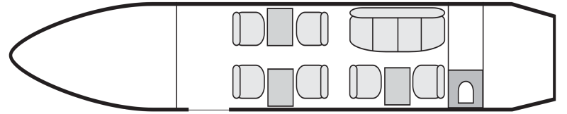 Interior layout plan of Embraer Legacy 500, short &amp; Medium range Business Jets Charters, mid size, stand-up cabin aircraft, max. of passengers: 9, with crew: 2 pilots, 1 flight attendant, available for private business jets charter with a Private Aircraft.