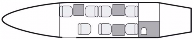 Interior layout plan of Gulfstream 100, short &amp; Medium range Business Jets Charters, mid size, stand-up cabin aircraft, max. of passengers: 7, with crew: 2 pilots, 1 flight attendant, available for private business jets charter with a Air Taxi.