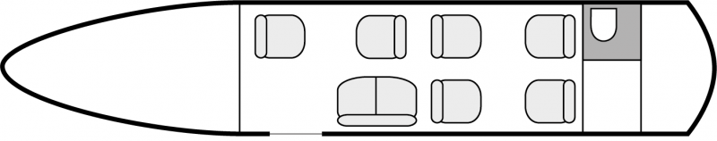 Interior layout plan of Gulfstream 150, short & Medium range Business Jets Charters, mid size, stand-up cabin aircraft, max. of passengers: 8, with crew: 2 pilots, 1 flight attendant, available for private business jets charter with a Business Jet.