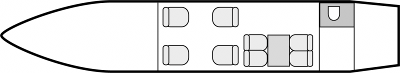 Interior layout plan of Gulfstream 200, short &amp; Medium range Business Jets Charters, large cabin aircraft, max. of passengers: 9, with crew: 2 pilots, 1 flight attendant, available for private business jets charter with a Business Aircraft.