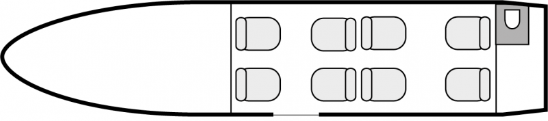 Interior layout plan of Hawker 400 XP, short &amp; Medium range Business Jets Charters, light size cabin aircraft, max. of passengers: 8, with crew: 2 pilots, available for private business jets charter with a Air Taxi.