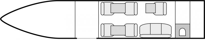 Interior layout plan of Hawker 800 XP, short &amp; Medium range Business Jets Charters, mid size, stand-up cabin aircraft, max. of passengers: 9, with crew: 2 pilots - 1 flight attendant on request, available for private business jets charter with a Private Jet.