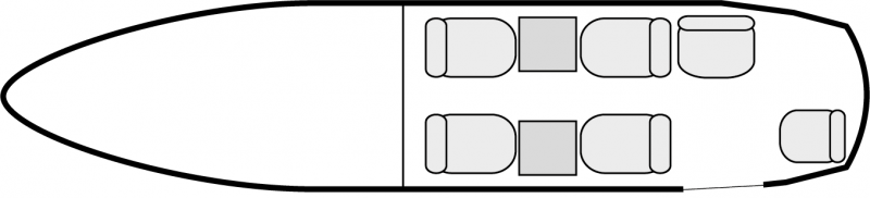 Interior layout plan of Beechcraft King Air 90, short range Business Aircraft Charters, light size cabin aircraft, max. of passengers: 7, with crew: 2 pilots, available for private business jets charter with a Air Taxi.