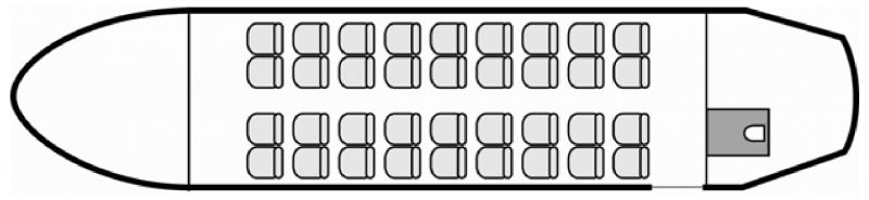 Interior layout plan of Bombardier Dash 8-100, short range Business Aircraft Charters, commercial airliner cabin seating, max. of passengers: 37, with crew: 2 pilots, 1 flight attendant, available for private business jets charter with a Airliner.