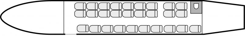 Interior layout plan of Embraer 120 Brasilia, short range Business Aircraft Charters, commercial airliner cabin seating, max. of passengers: 30, with crew: 2 pilots, 1 flight attendant, available for private business jets charter with a Airliner.