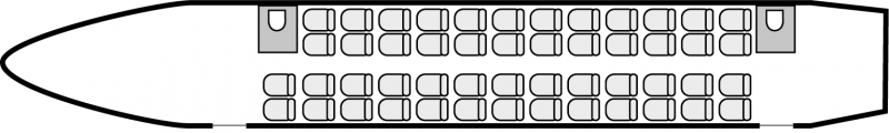 Interior layout plan of Fokker 50, short range Business Aircraft Charters, commercial airliner cabin seating, max. of passengers: 50, with crew: 2 pilots, 2 flight attendant, available for private business jets charter with a Airliner.