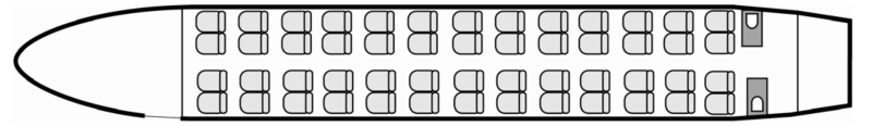 Interior layout plan of Fokker 100 VIP, short & Medium range Business Jets Charters, wide body cabin aircraft, V.I.P. accommodation, max. of passengers: 52, with crew: Two pilots, three flight attendants, available for private business jets charter with a Business Aircraft.