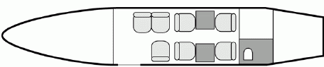 Interior layout plan of Piaggio P180 Avanti, short range Business Aircraft Charters, mid size, stand-up cabin aircraft, max. of passengers: 7, with crew: 2 pilots, available for private business jets charter with a Private Aircraft.