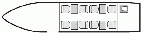 Interior layout plan of Bombardier Challenger 300, long range Business Jets Charters, large cabin aircraft, max. of passengers: 9, with crew: 2 pilots, 1 flight attendant, available for private business jets charter with a Business Aircraft.