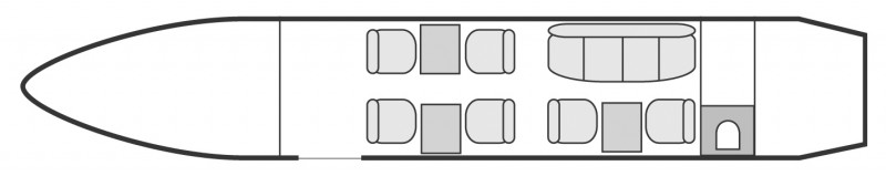 Interior layout plan of Dassault Falcon 50, long range Business Jets Charters, mid size, stand-up cabin aircraft, max. of passengers: 10, with crew: 2 pilots, 1 flight attendant, available for private business jets charter with a Business Aircraft.