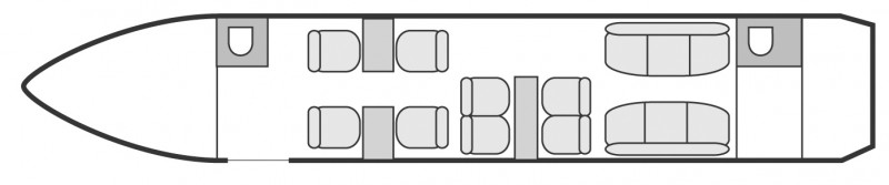 Interior layout plan of Dassault Falcon 900 EX, long range Business Jets Charters, large cabin executive aircraft - V.I.P. accomodation, max. of passengers: 14, with crew: 2 pilots, 1 flight attendant, available for private business jets charter with a Private Jet.