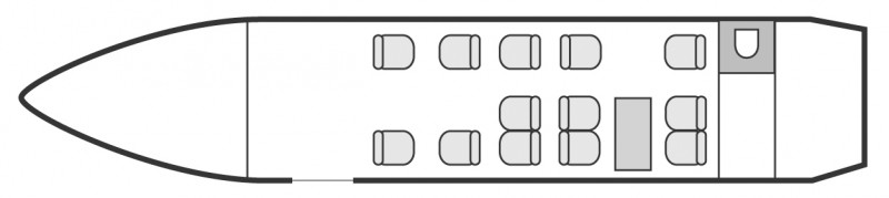 Interior layout plan of Dassault Falcon 2000, long range Business Jets Charters, large cabin executive aircraft - V.I.P. accomodation, max. of passengers: 10, with crew: 2 pilots, 1 flight attendant, available for private business jets charter with a Private Jet.