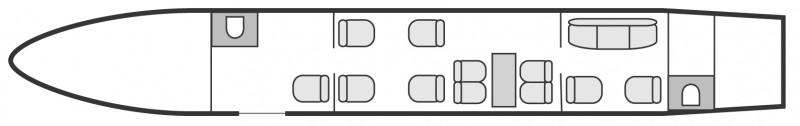 Interior layout plan of Embraer Legacy, long range Business Jets Charters, large cabin executive aircraft - V.I.P. accomodation, max. of passengers: 13, with crew: 2 pilots, 1 flight attendant, available for private business jets charter with a Private Jet.