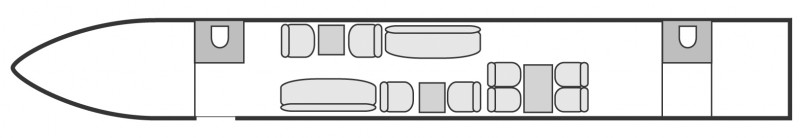 Interior layout plan of Gulfstream V, long range Business Jets Charters, large cabin executive aircraft - V.I.P. accomodation, max. of passengers: 14, with crew: 2 pilots, 1 or 2 flight attendants, available for private business jets charter with a Private Jet.